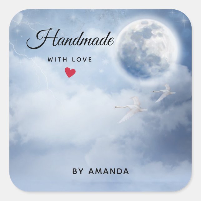 Handmade with Love Beautiful Blue Sky with Swans Square Sticker (Front)