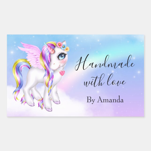 Handmade with Love Beautiful Unicorn with Rainbow  Rectangular Sticker (Front)