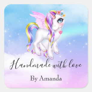 Handmade with Love Beautiful Unicorn with Rainbow Square Sticker
