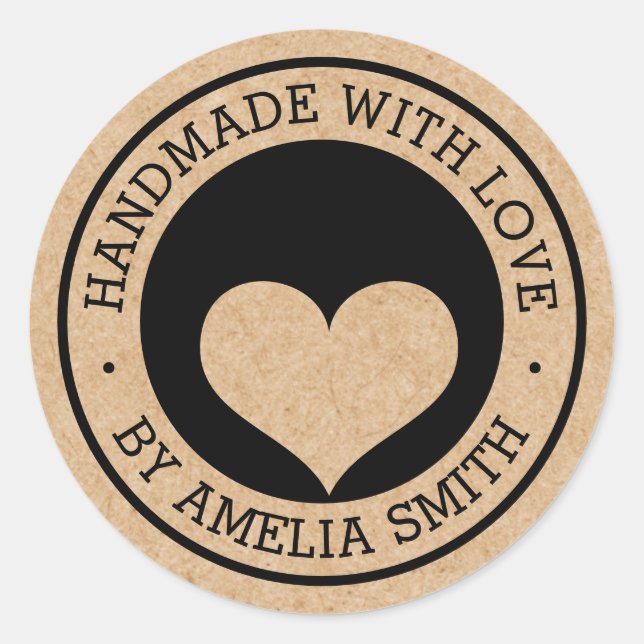 Handmade with love black and Kraft paper look Classic Round Sticker (Front)