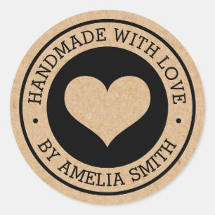 Handmade with love black and Kraft paper look Classic Round Sticker