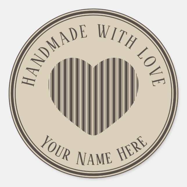 handmade with love black cream christmas stripes classic round sticker (Front)