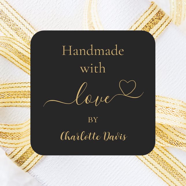Handmade with love black gold name square sticker (Creator Uploaded)