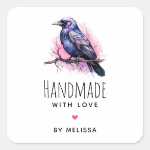 Handmade with Love Black Raven on a Branch Square Sticker