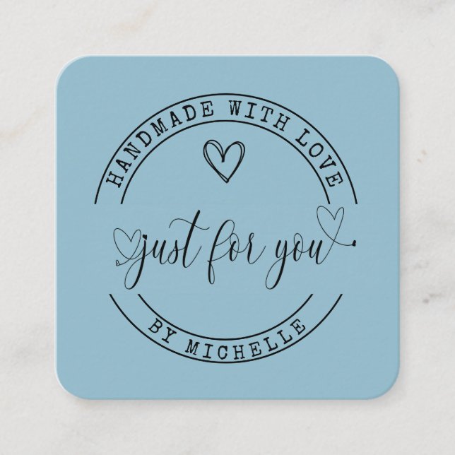 Handmade With Love blue elegant script Square Business Card (Front)
