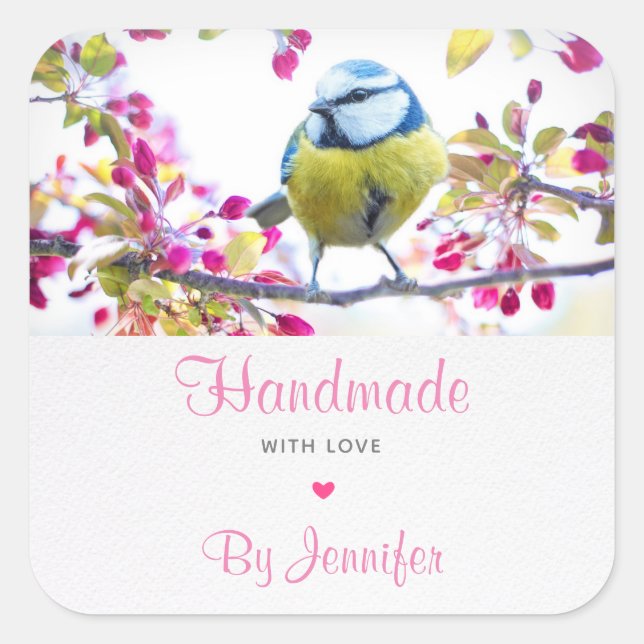 Handmade with Love Blue & Yellow Bird Square Sticker (Front)
