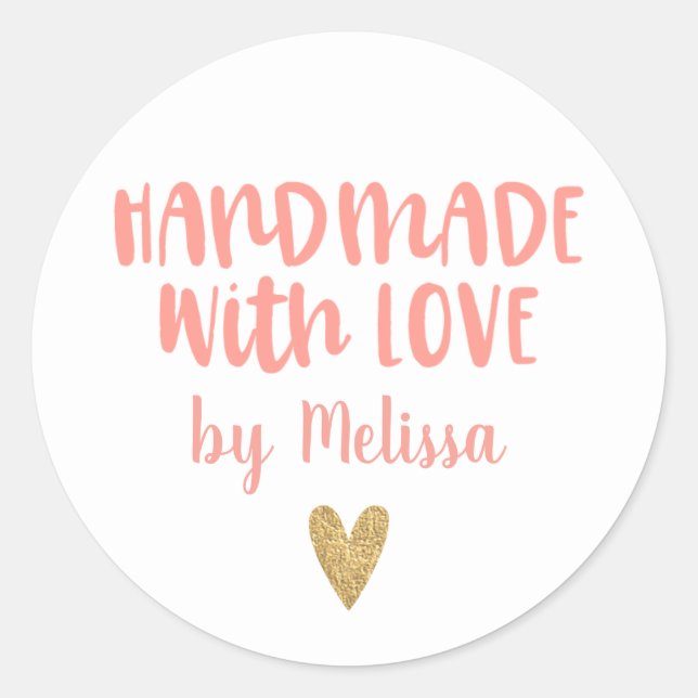 Handmade With Love Blush Pink Personalised Classic Round Sticker (Front)