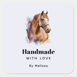 Handmade with Love Brown Horse Head in Watercolor Square Sticker