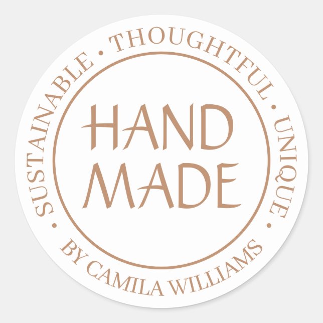 Handmade with Love – Brown & White Sustainable  Classic Round Sticker (Front)