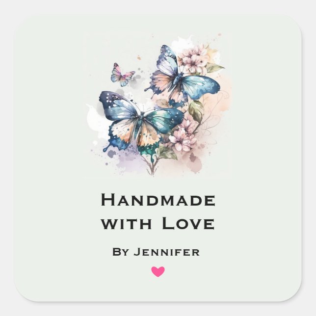 Handmade with Love Butterflies and Flowers Square Sticker (Front)