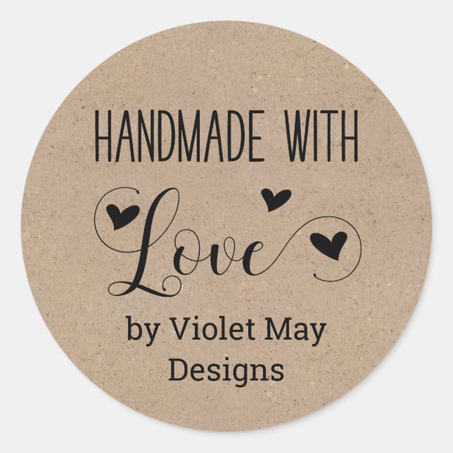 Handmade with Love by Custom Name - Kraft Look Classic Round Sticker (Front)