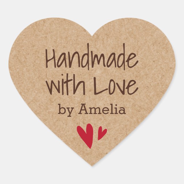 Handmade with love by custom name Kraft paper look Heart Sticker (Front)