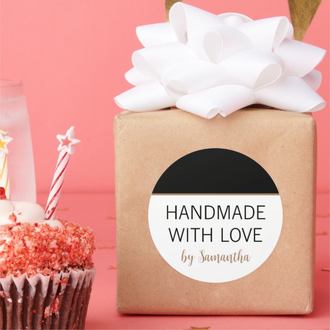 Handmade With Love by Name Black Gold Classic Round Sticker (Party)
