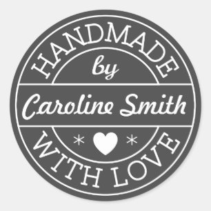 Handmade with love by personalised name, dark grey classic round sticker