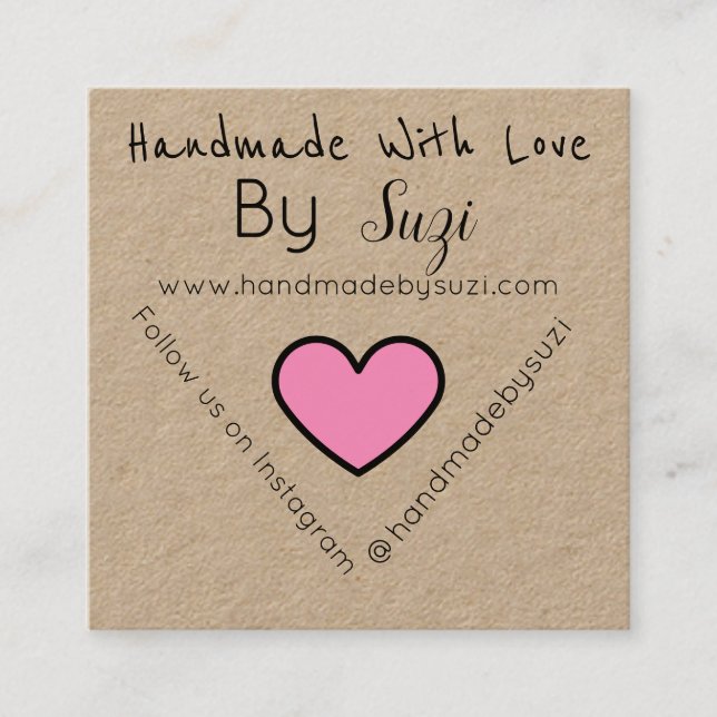 Handmade With Love By Suzi PINK Heart Kraft Square Business Card (Front)