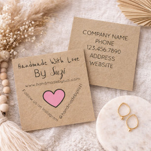 Handmade With Love By Suzi PINK Heart Kraft Square Business Card