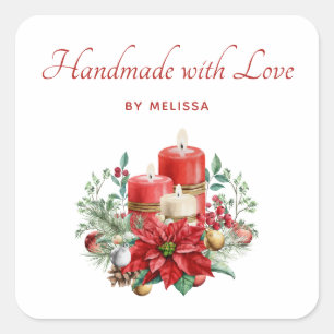 Handmade with Love Candles and Poinsettia Bouquet Square Sticker