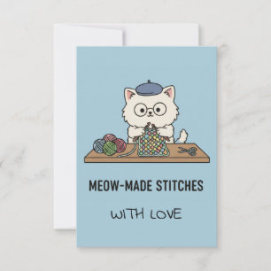 Handmade With Love Cat Knitting Blue Graphic Card