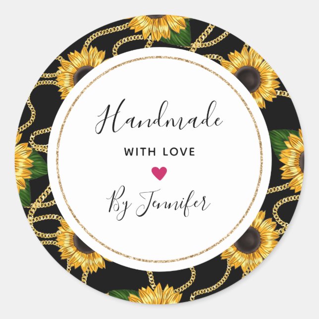 Handmade with Love Classy Yellow Sunflowers Classic Round Sticker (Front)
