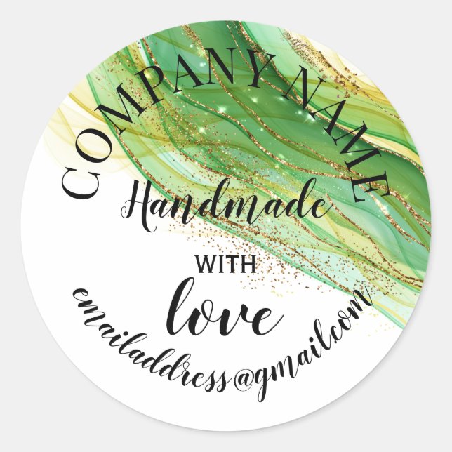 Handmade with love company name teal glitter class classic round sticker (Front)