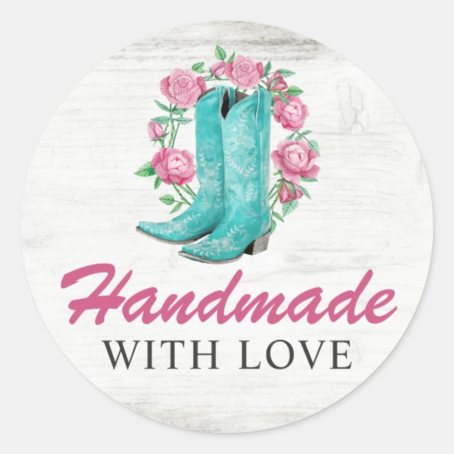 Handmade With Love Country Cowgirl Boots & Roses Classic Round Sticker (Front)
