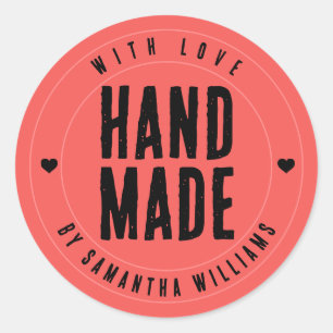 Handmade with Love Custom Coral Pink Artisan Classic Round Sticker