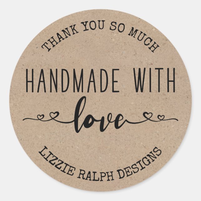 Handmade with Love Custom Kraft Look Thank You Classic Round Sticker (Front)