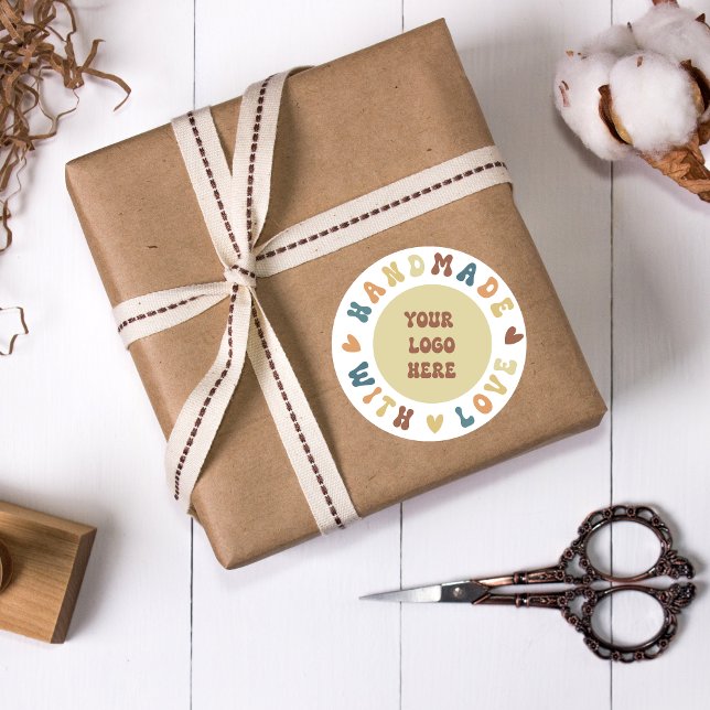 Handmade with Love-Custom Logo-Groovy Font-Cute  Classic Round Sticker (Handmade with love-groovy text-custom logo label)