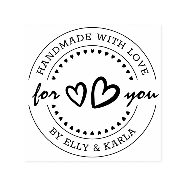 Handmade with Love Custom Name & Hearts Round Self-inking Stamp (Design)
