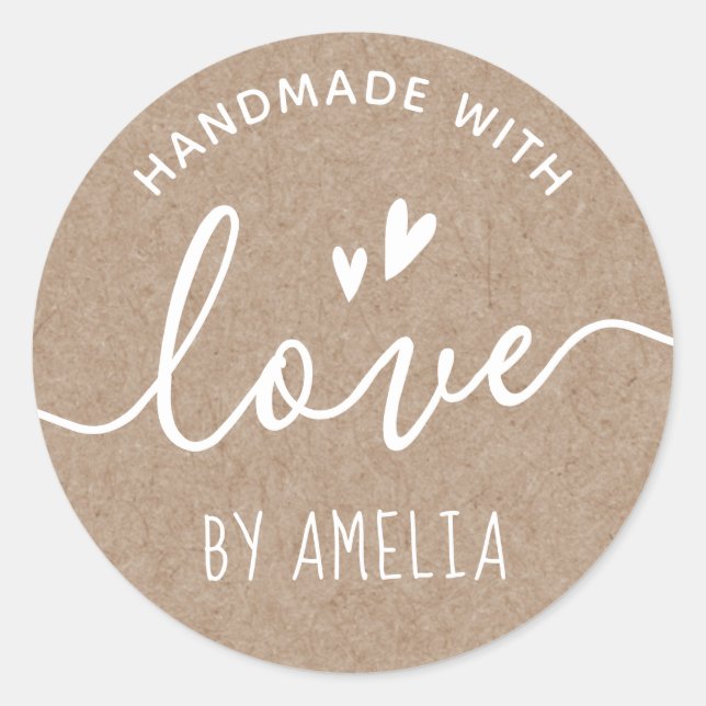 Handmade with love custom name Kraft paper look Classic Round Sticker (Front)