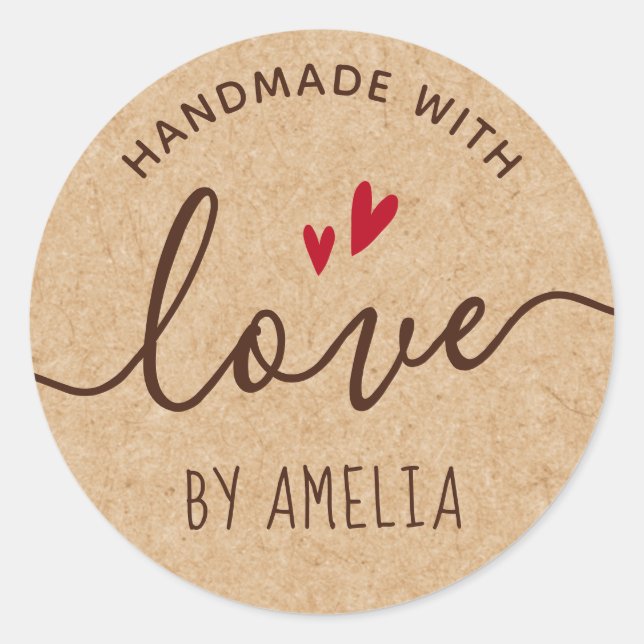 Handmade with love custom name Kraft paper look Classic Round Sticker (Front)
