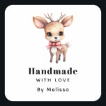 Handmade with Love Cute Baby Deer Cartoon Image Square Sticker<br><div class="desc">Handmade with Love stickers with an illustration of an adorable baby deer. Big eyes big ears with a large head and little brown antlers. Wearing a big red bow.</div>