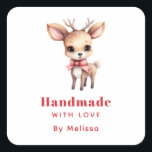 Handmade with Love Cute Baby Deer Cartoon Image Square Sticker<br><div class="desc">Handmade with Love stickers with an illustration of an adorable baby deer. Big eyes big ears with a large head and little brown antlers. Wearing a big red bow.</div>