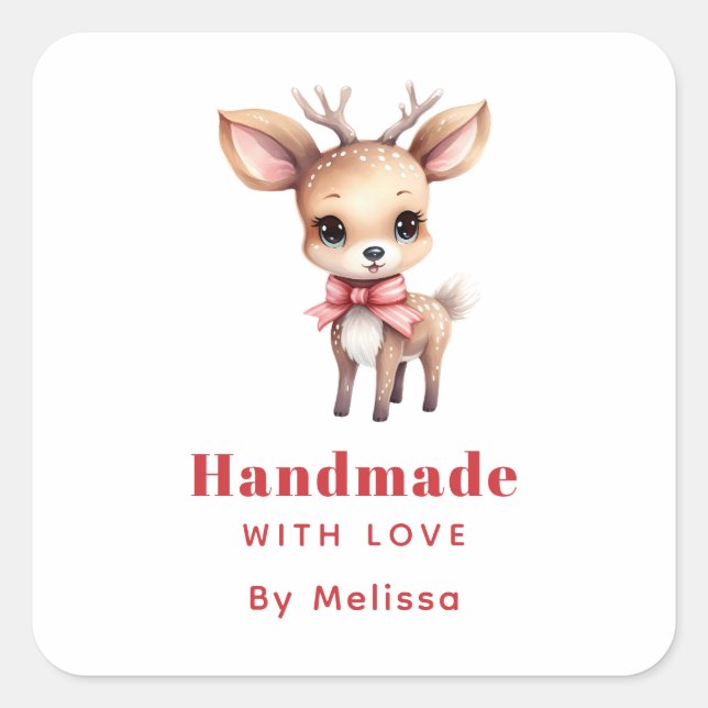 Handmade with Love Cute Baby Deer Cartoon Image Square Sticker (Front)