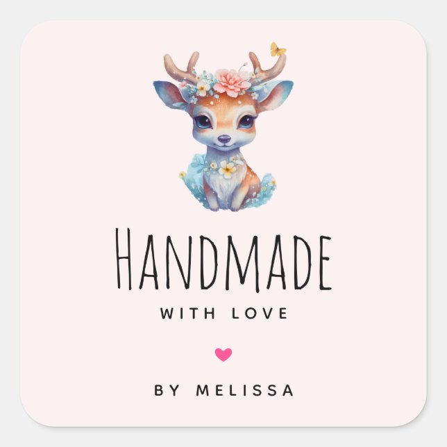 Handmade with Love Cute Baby Deer Illustration Square Sticker (Front)