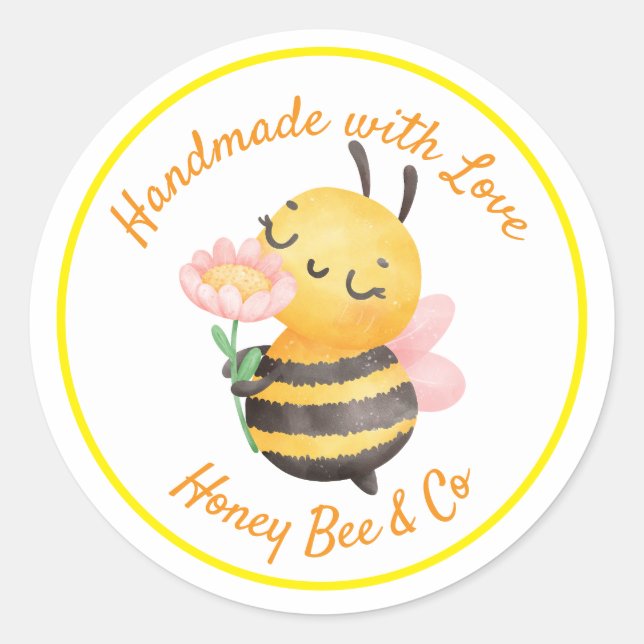 Handmade with Love. Cute Bee Personalised Classic Round Sticker (Front)