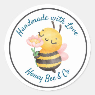 Handmade with Love. Cute Bee Personalised Classic Round Sticker