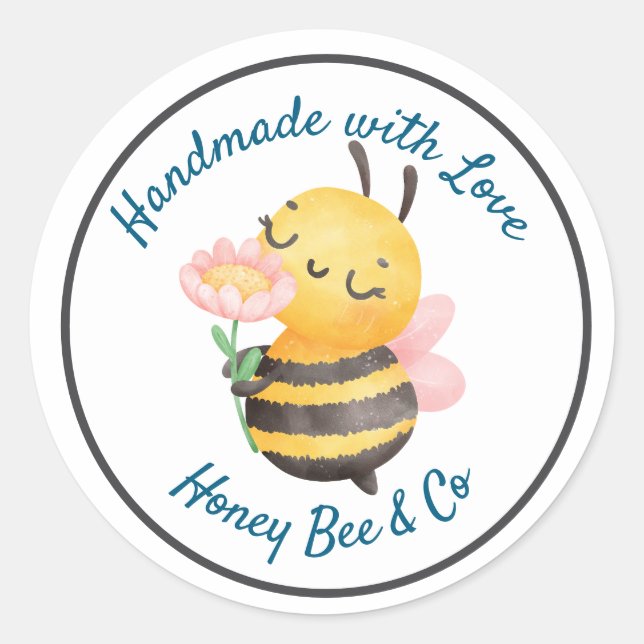 Handmade with Love. Cute Bee Personalised Classic Round Sticker (Front)