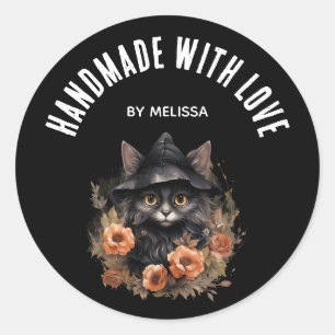 Handmade with Love Cute Black Cat in a Witch's Hat Classic Round Sticker