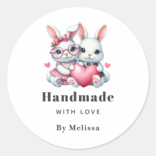 Handmade with Love Cute Bunnies Sharing a Heart Classic Round Sticker