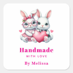 Handmade with Love Cute Bunnies Sharing a Heart Square Sticker