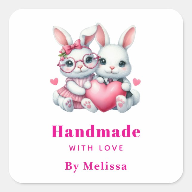 Handmade with Love Cute Bunnies Sharing a Heart Square Sticker (Front)