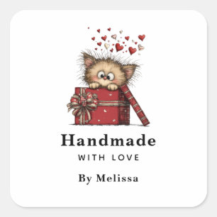 Handmade with Love Cute Cartoon Kitten with Hearts Square Sticker