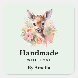 Handmade with Love Cute Deer Surrounded By Roses Square Sticker
