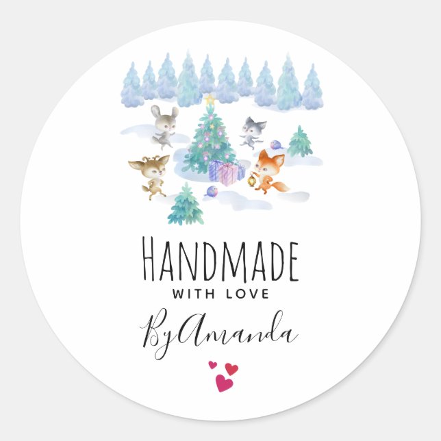 Handmade with Love Cute Forest Animals Christmas Classic Round Sticker (Front)