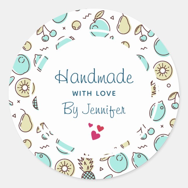 Handmade with Love Cute Fruit Pattern Summery Classic Round Sticker (Front)
