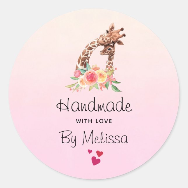 Handmade with Love Cute Giraffe Mum & Baby Classic Round Sticker (Front)