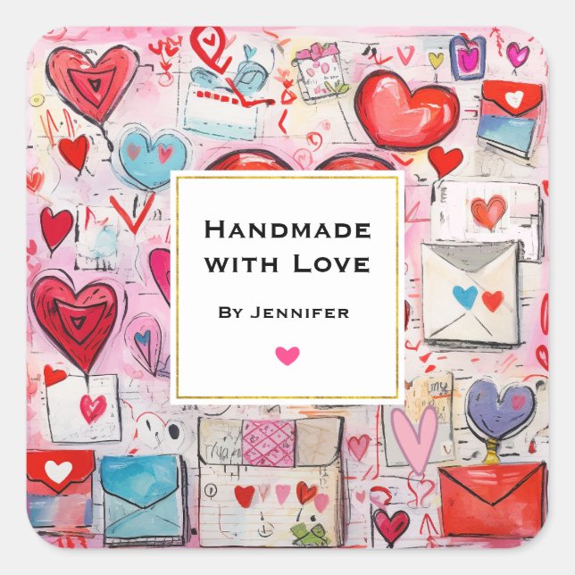 Handmade with Love Cute Hearts and Love Letters Square Sticker (Front)