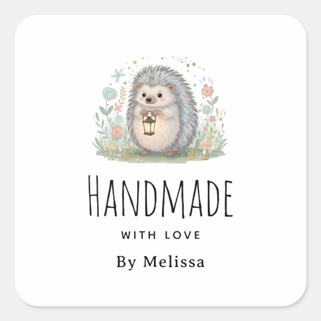 Handmade with Love Cute Hedgehog with Lantern Square Sticker (Front)