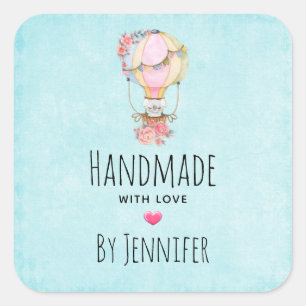 Handmade with Love Cute Hot Air Balloon Watercolor Square Sticker